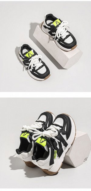 Кроссовки для мальчика на шнурках и липучках, черно-белые с зелеными нашивками