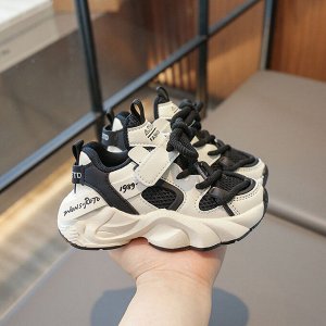 Кроссовки детские на шнурках и липучках, бело-черные