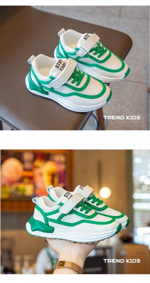 Кроссовки детские на шнурках и липучках, белые с зеленым декором