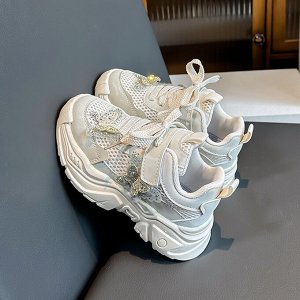 Кроссовки для девочки на шнурках и липучках, белые с бабочками