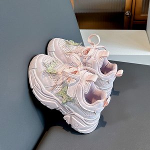 Кроссовки для девочки на шнурках и липучках, розовые с бабочками