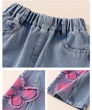 Широкие джинсы для девочки, цвет синий, принт "бабочки"