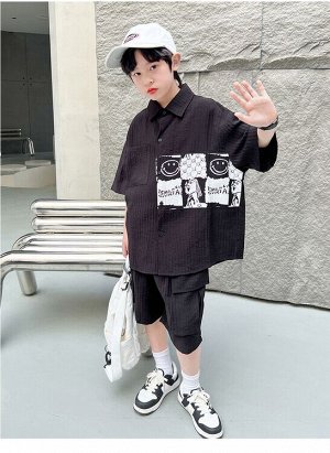 Костюм для мальчика (рубашка с коротким рукавом, цвет белый + шорты, цвет черный, с принтом)
