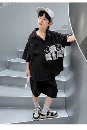 Костюм для мальчика (рубашка с коротким рукавом + шорты, цвет черный, с принтом)