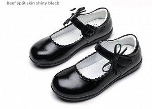 Туфли для девочки из эко-кожи школьные с застежкой, черные с кантом и бантиком