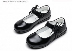 Туфли для девочки из эко-кожи школьные с застежкой, черные с бантиком