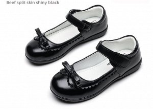 Туфли для девочки из эко-кожи школьные с застежкой, черные с бантиком на носке