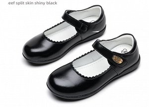 Туфли для девочки из эко-кожи школьные с застежкой, черные с кантом и пряжкой