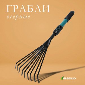 Грабли малые Greengo, веерные, пластинчатые, 9 зубцов, длина 52 см, металл, металлическая рукоять с резиновой ручкой