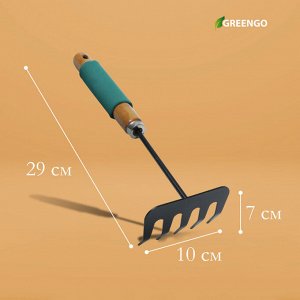 Грабли малые Greengo, прямые, 5 зубцов, длина 29 см, металл, деревянная ручка с поролоном