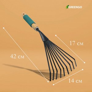 Грабли малые Greengo, веерные, пластинчатые, 9 зубцов, длина 42 см, металл, деревянная ручка с поролоном