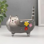 Сувенир керамика подставка &quot;Серый упитанный котик с цветами&quot; 11,2х7,6х11,8 см