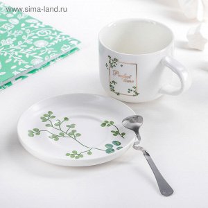 Набор керамический чайный с ложкой «Ботаника», 2 предмета: чашка 200 мл, блюдце, цвет МИКС