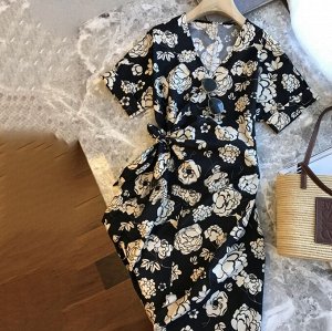 Женское летнее платье с V-образным вырезом, с цветочным принтом, черный