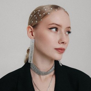 Серьги висячие со стразами «Водопад» квадрат, белые в серебре, 9.5 см