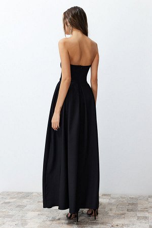 Черное тканое длинное вечернее платье