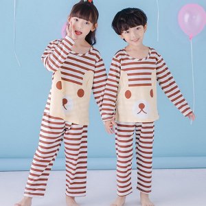 Пижама детская с длинными рукавами и штанами цвет: ПОЛОСАТЫЙ КОРИЧНЕВЫЙ С МЕДВЕДЕМ