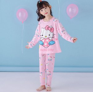 Пижама детская с длинными рукавами и штанами цвет: РОЗОВЫЙ С КОТЕНКОМ И СЕРДЦЕМ