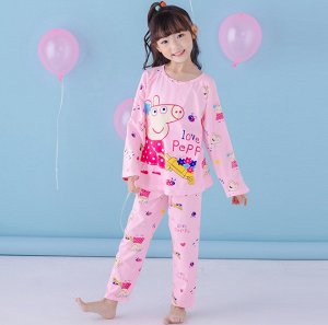 Пижама детская с длинными рукавами и штанами цвет: РОЗОВЫЙ СО СВИНКОЙ С ЦВЕТАМИ