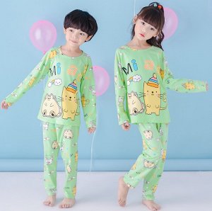 Пижама детская с длинными рукавами и штанами цвет: ЗЕЛЕНЫЙ С КОТАМИ