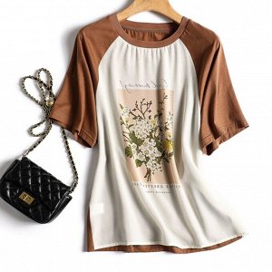 Женская футболка с цветочным принтом, коричневый/белый
