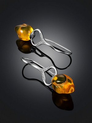 Нежные серьги-крючки «Тюльпан» с янтарём лимонного цвета и фианитами