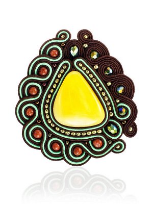 Красивая плетёная брошь, украшенная натуральным янтарём, авантюрином и кристаллами «Индия»