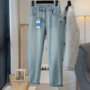 Женские прямые джинсы с высокой посадкой, эластичные, голубой