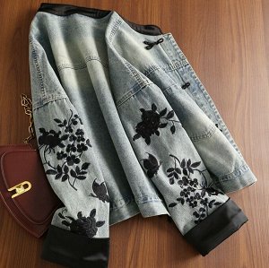 Женская джинсовая куртка на завязках, с расшитым цветочным принтом, синий
