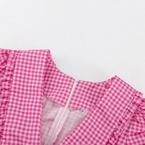 Женское платье с длинным рукавом, с v-образным вырезом, принт "клетка", цвет розовый