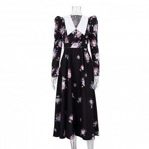 Женское платье с длинным рукавом, с воротничком, принт "цветы", цвет черный