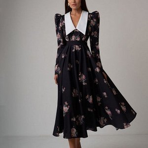 Женское платье с длинным рукавом, с воротничком, принт "цветы", цвет черный
