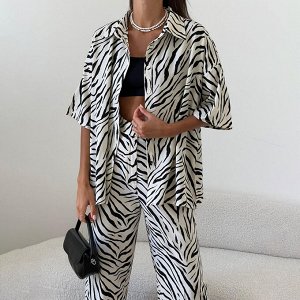 Женский костюм: рубашка с коротким рукавом + брюки, принт "зебра", цвет белый/черный