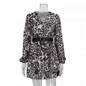 Женское шифоновое платье, с длинным рукавом, принт "леопард", цвет серый/черный