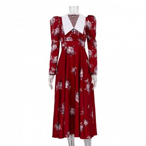 Женское платье с длинным рукавом, с воротничком, принт "цветы", цвет красный
