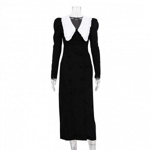 Женское платье с длинным рукавом, с белым воротничком, на пуговицах, цвет черный