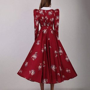 Женское платье с длинным рукавом, с воротничком, принт "цветы", цвет красный