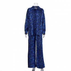 Женский костюм: рубашка + брюки, принт "леопард", цвет синий
