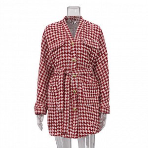 Женский костюм: пиджак + юбка, принт "гусиная лапка", цвет красный/белый