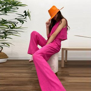 Женский костюм: укороченный топ + брюки, цвет розовый