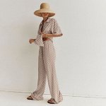 Женский костюм: рубашка с коротким рукавом + брюки, с принтом, цвет коричневый/белый