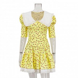 Женское платье с коротким рукавом, с воротничком, принт "цветы", цвет желтый