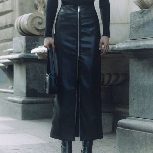Женская юбка из эко-кожи, декор "молния", цвет черный