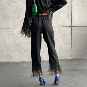 Женский костюм: рубашка + укороченные брюки, с перьями, цвет черный