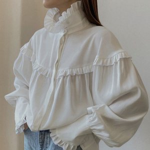 Женская рубашка с воротником "стойка", рукава "баллоны", цвет белый