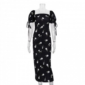 Женское длинное платье, с воздушными рукавами, принт "цветы", цвет черный