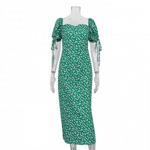 Женское длинное платье, с воздушными рукавами, принт "цветы", цвет зеленый