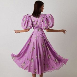 Женское платье, с объемными рукавами, принт "цветы", цвет розовый