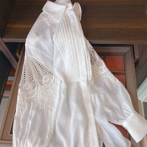 Женская рубашка с длинными рукавами-фонариками, с вышитым перфорированным принтом, белый