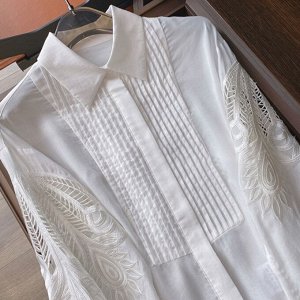 Женская рубашка с длинными рукавами-фонариками, с вышитым перфорированным принтом, белый